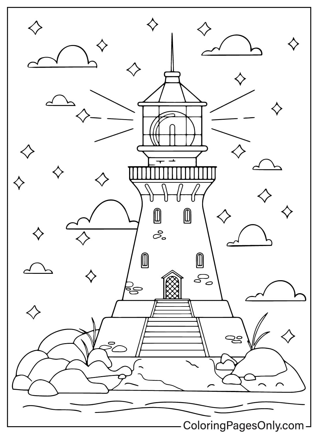 Faro in una notte stellata foglio da colorare per bambini di Lighthouse