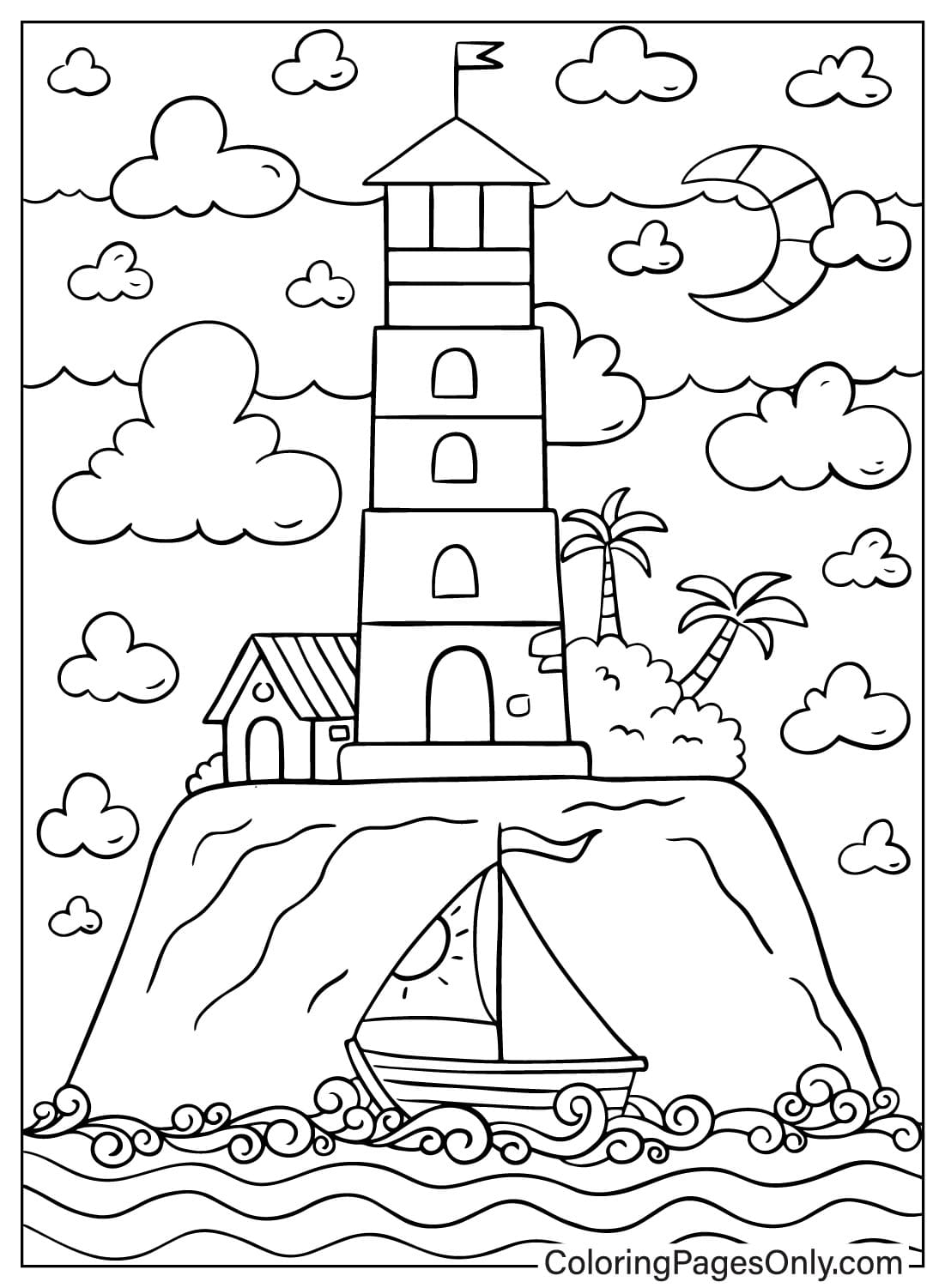 Vuurtoren en maan kleurplaat van Lighthouse