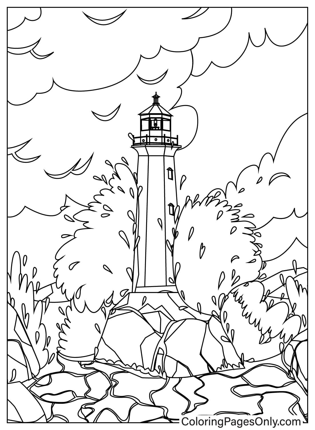 Vuurtoren en oceaangolven kleurplaat van Lighthouse