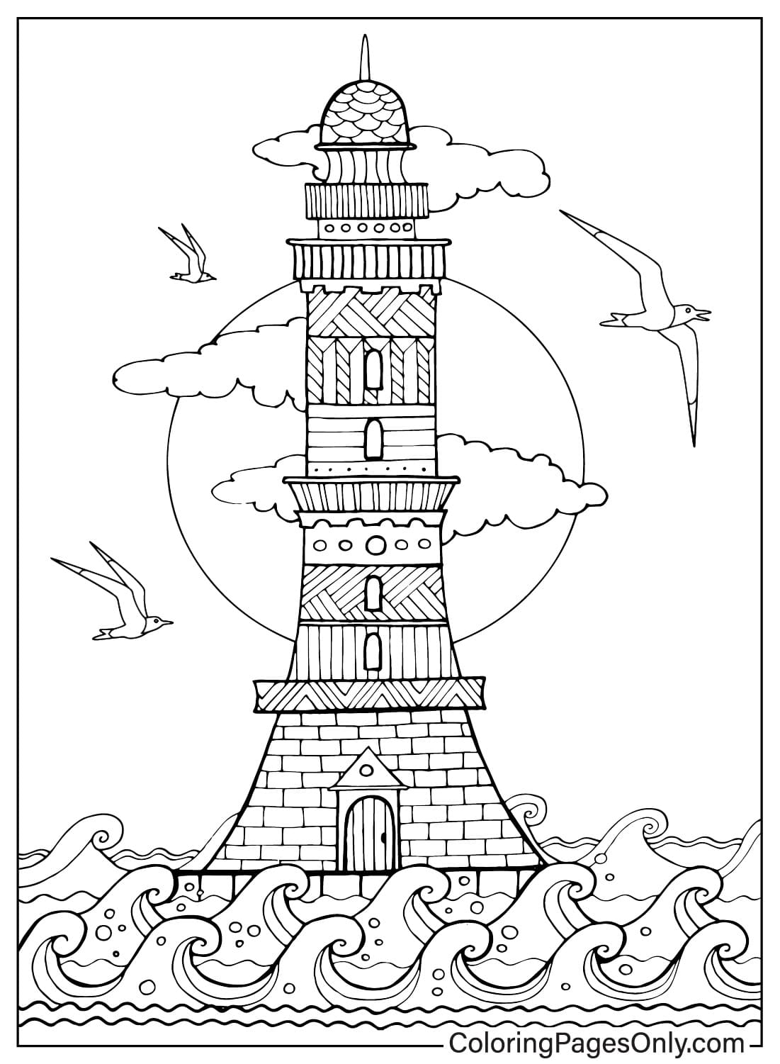 Coloriage Phare et mouettes en mer de Lighthouse