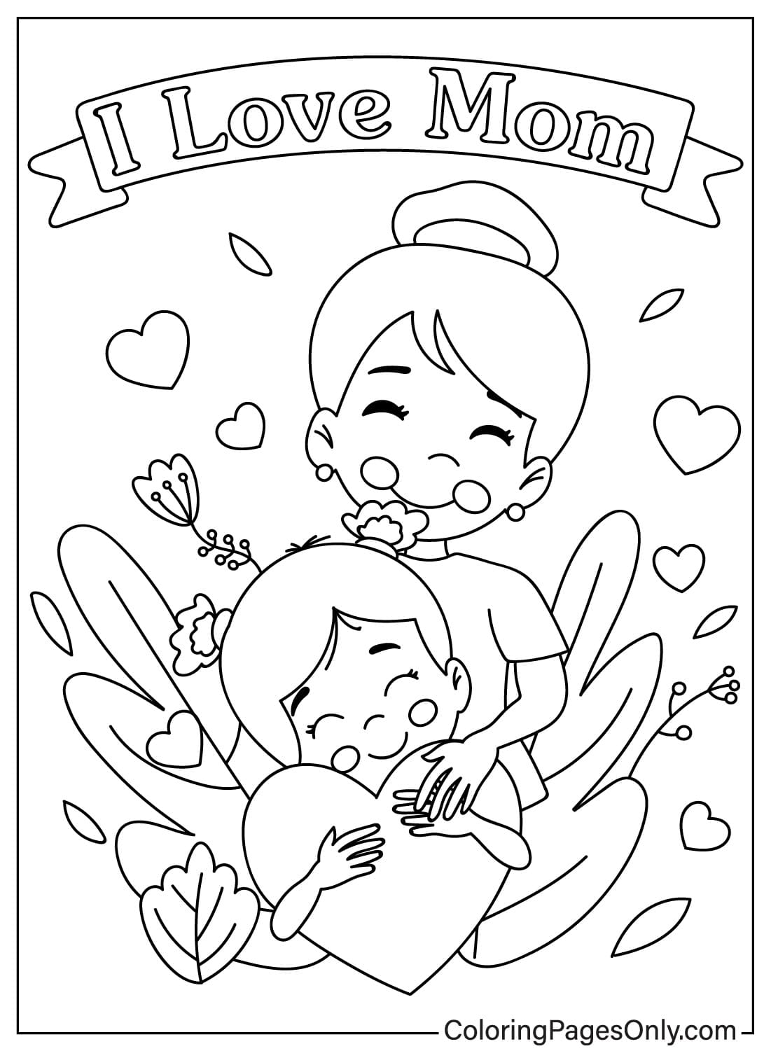Página para colorir de menina e mãe de I Love Mom