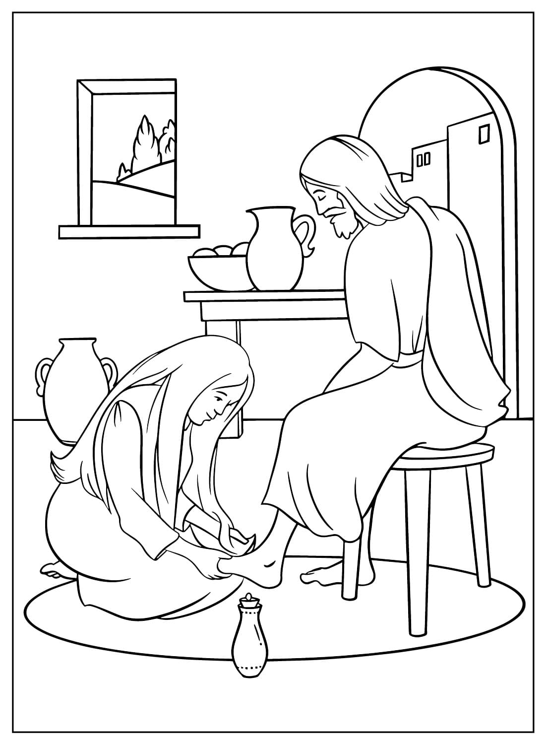 Maria goot olie over het hoofd en de voeten van Jezus