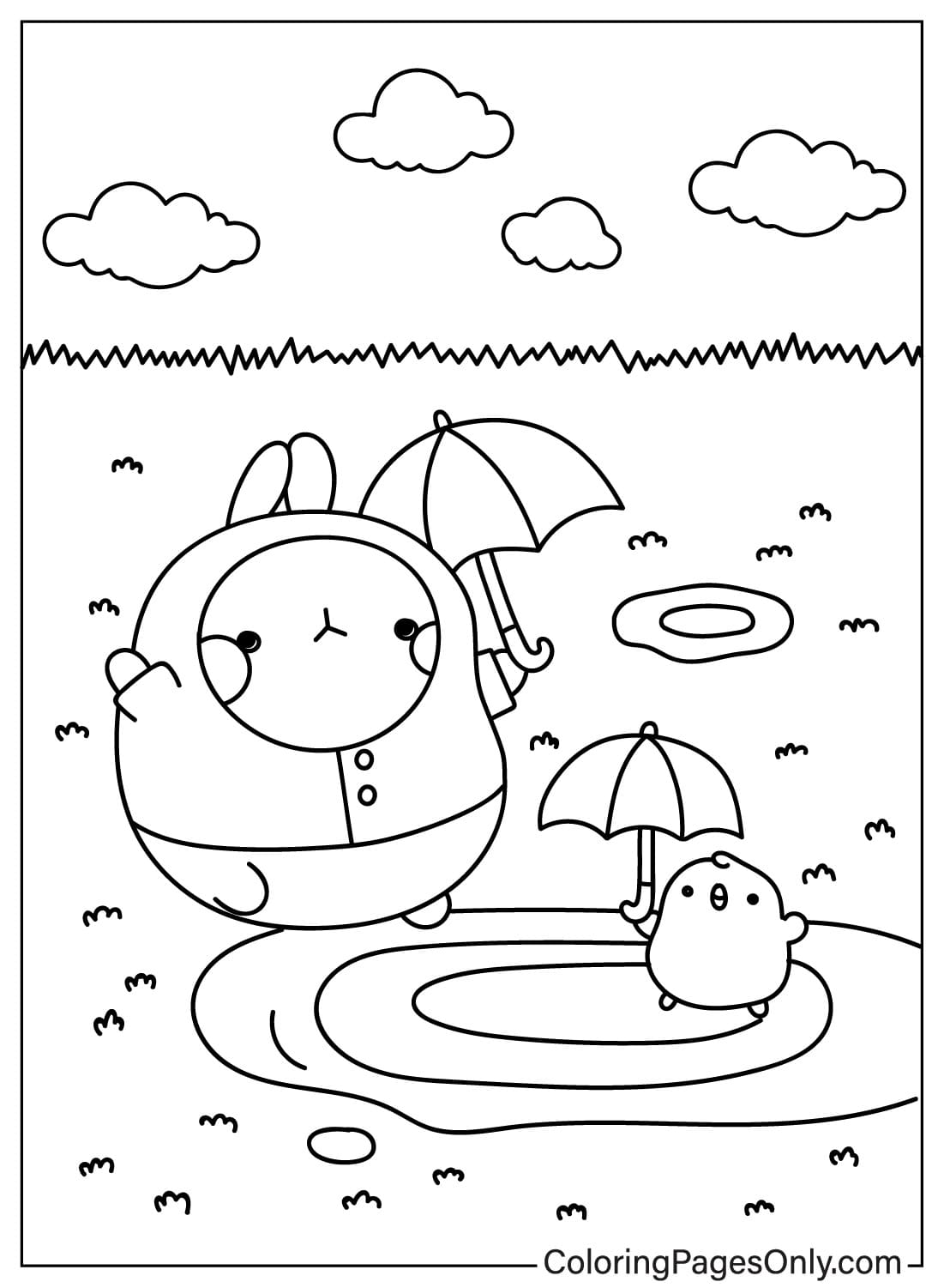 Molang & Piu Piu Play in Puddles Color Page from Molang