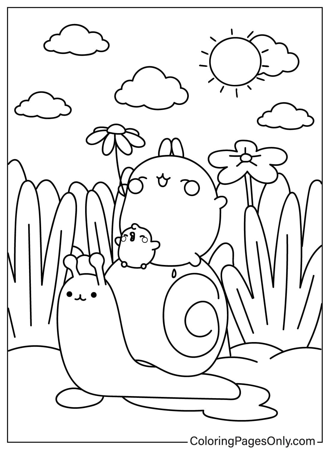 Molang Riding a Snail Coloring Sheet from Molang