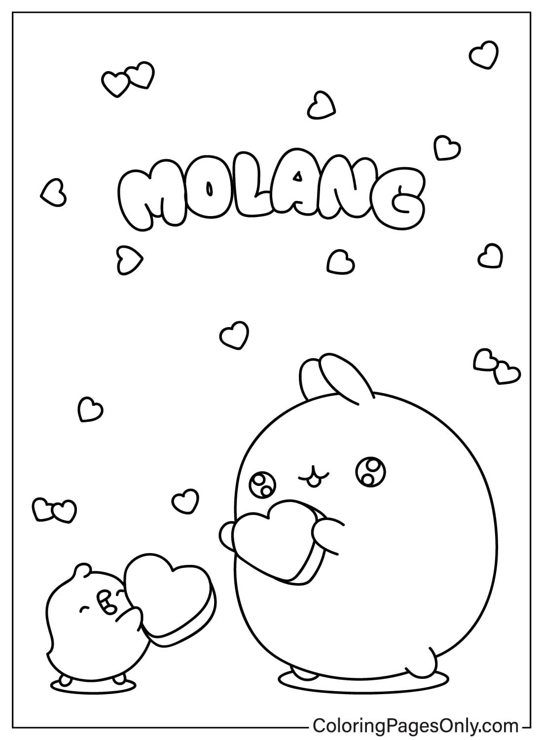 Página para colorear de Molang y Piu Piu con corazón de Molang