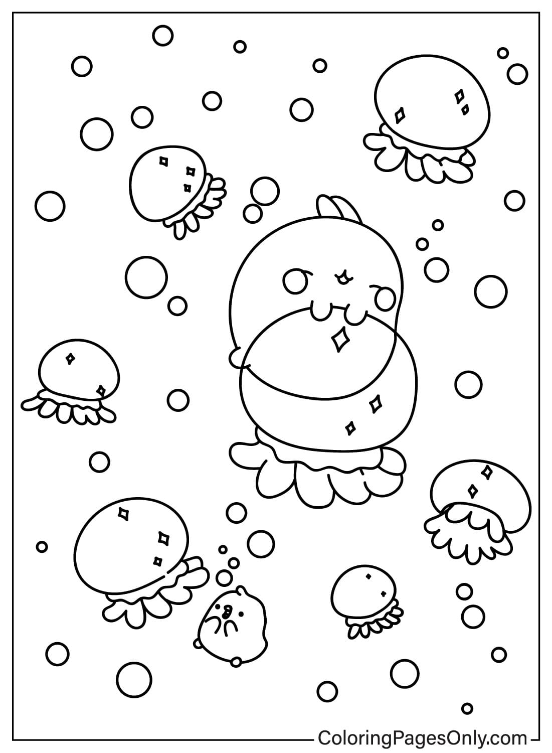 Página para colorear de Molang y Piu Piu con medusas de Molang