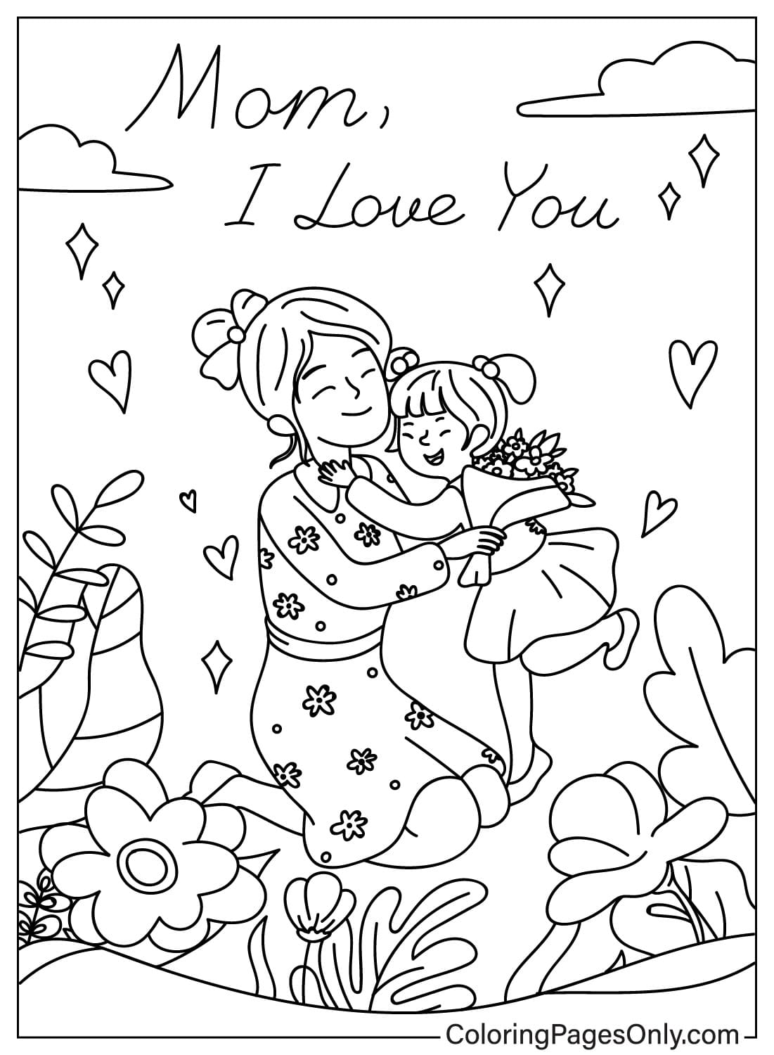 Página para colorir mãe e filha de I Love Mom