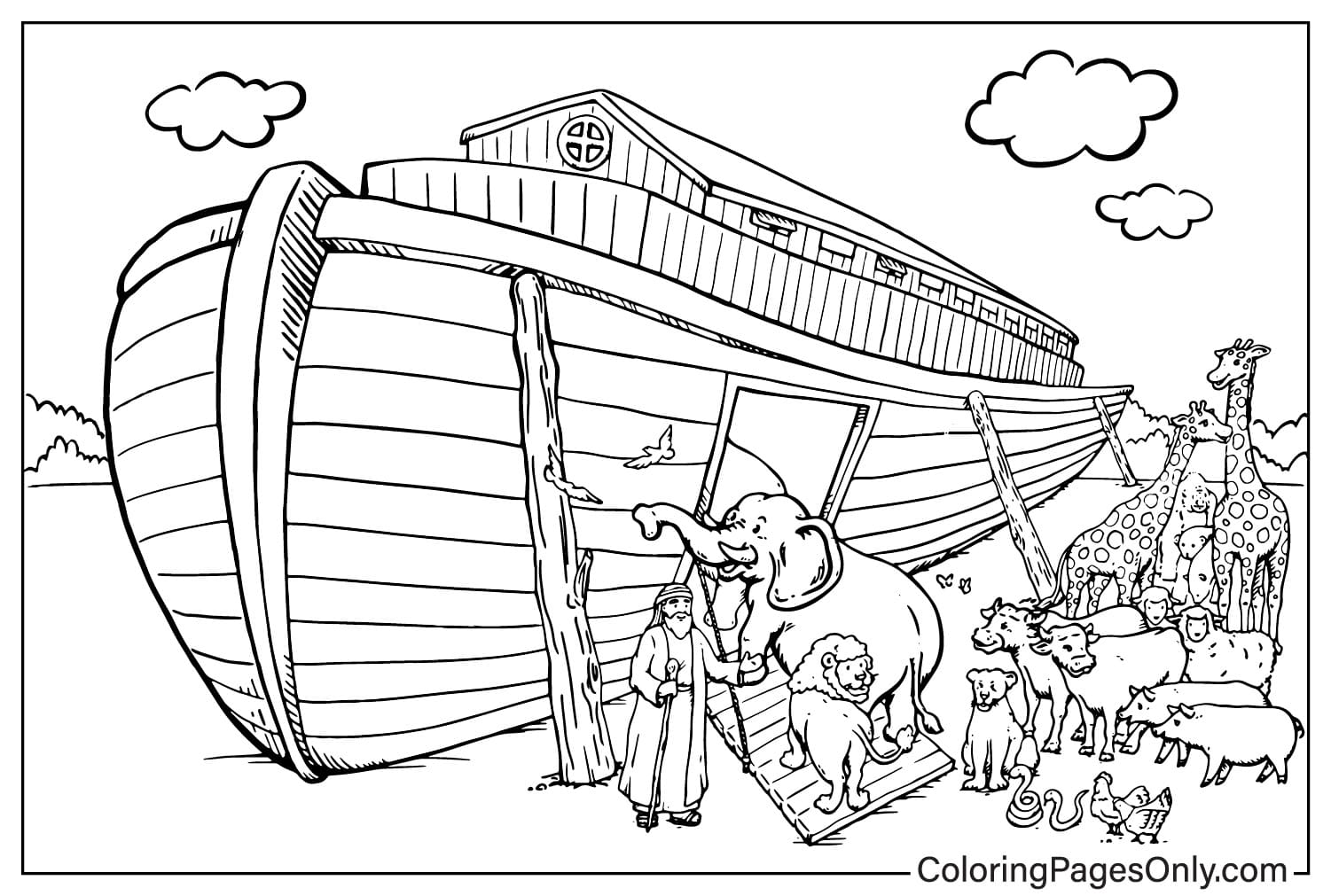Página para colorear de Noé con animales del Arca de Noé