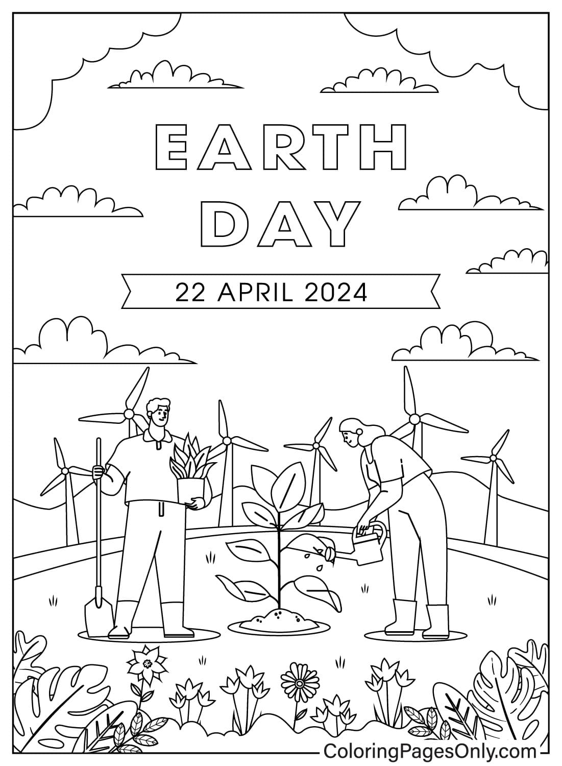 Página para colorear Plantando un árbol del Día de la Tierra