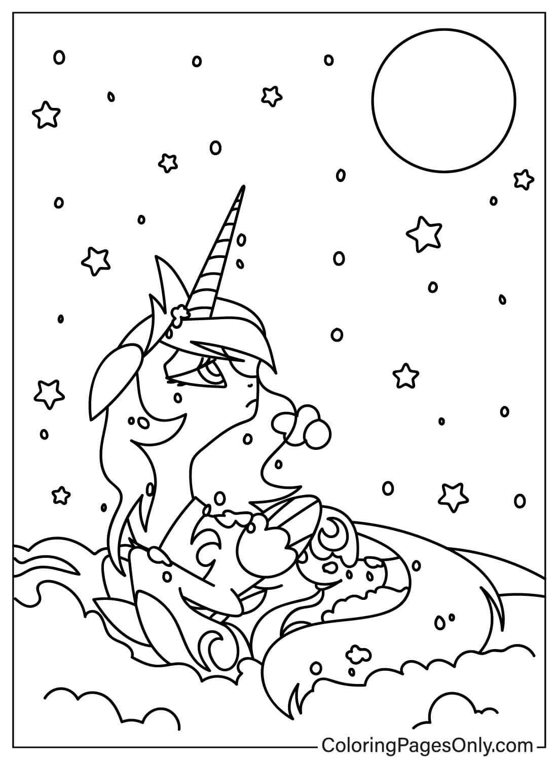 La princesse Luna est allongée sur le nuage et regarde la lune depuis la princesse Luna