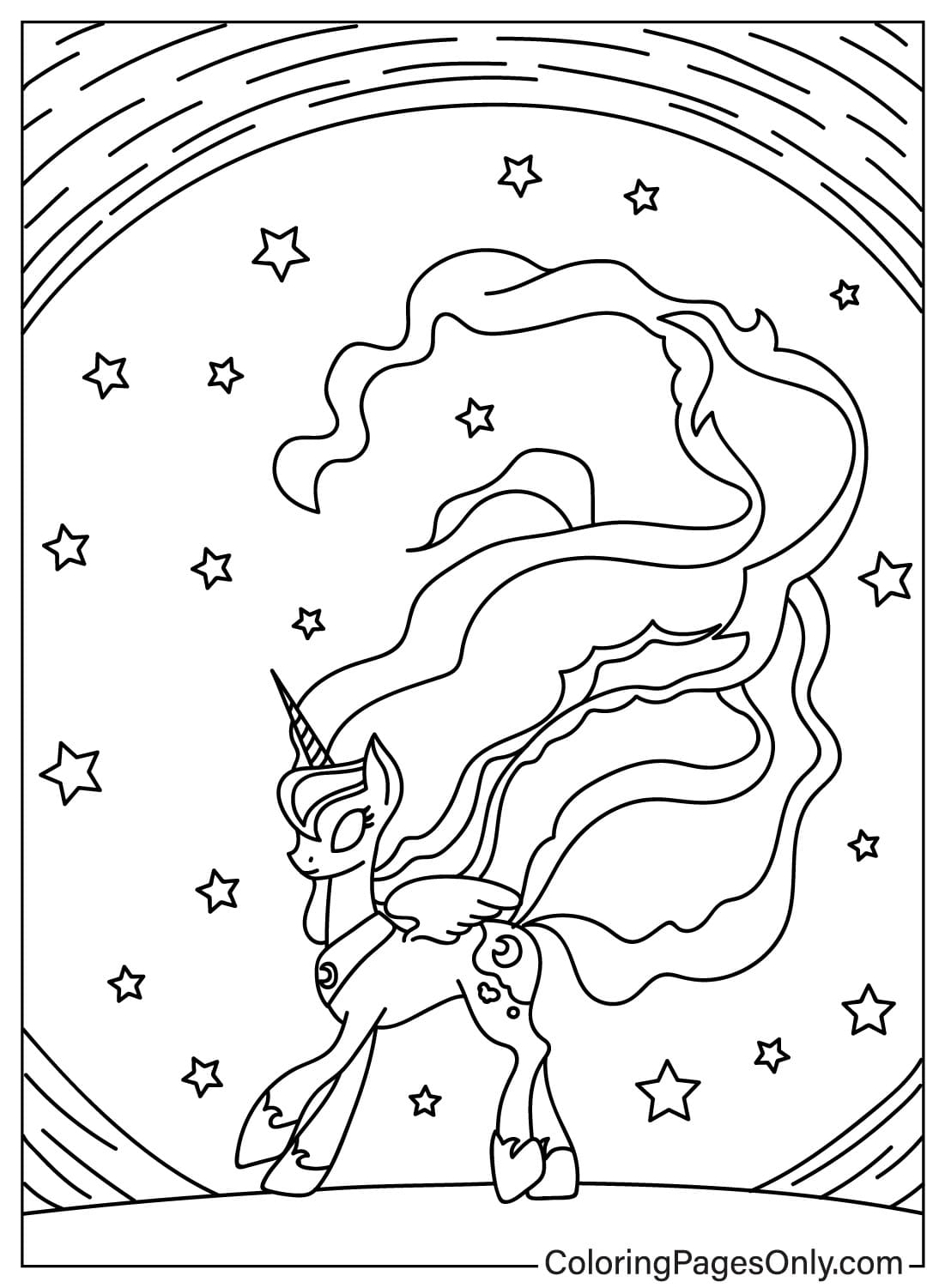 Página para colorear de la Princesa Luna y el cielo estrellado de la Princesa Luna