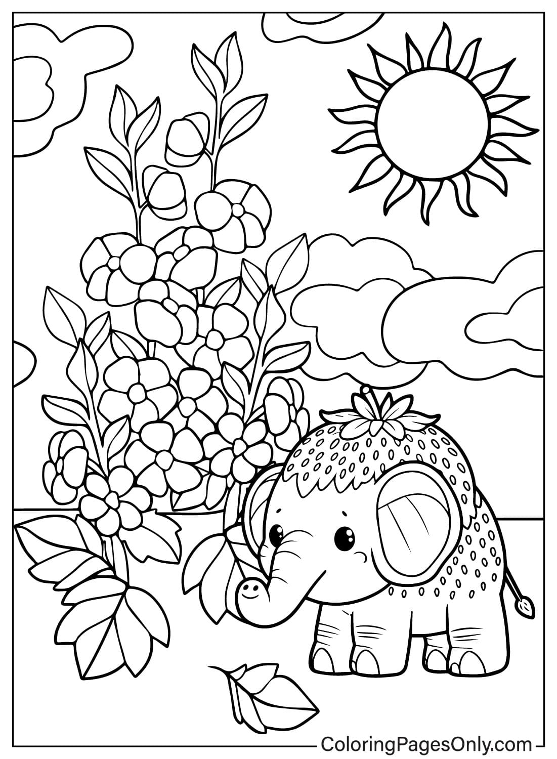 Página para colorear de Elefante de Fresa imprimible de Elefante de Fresa