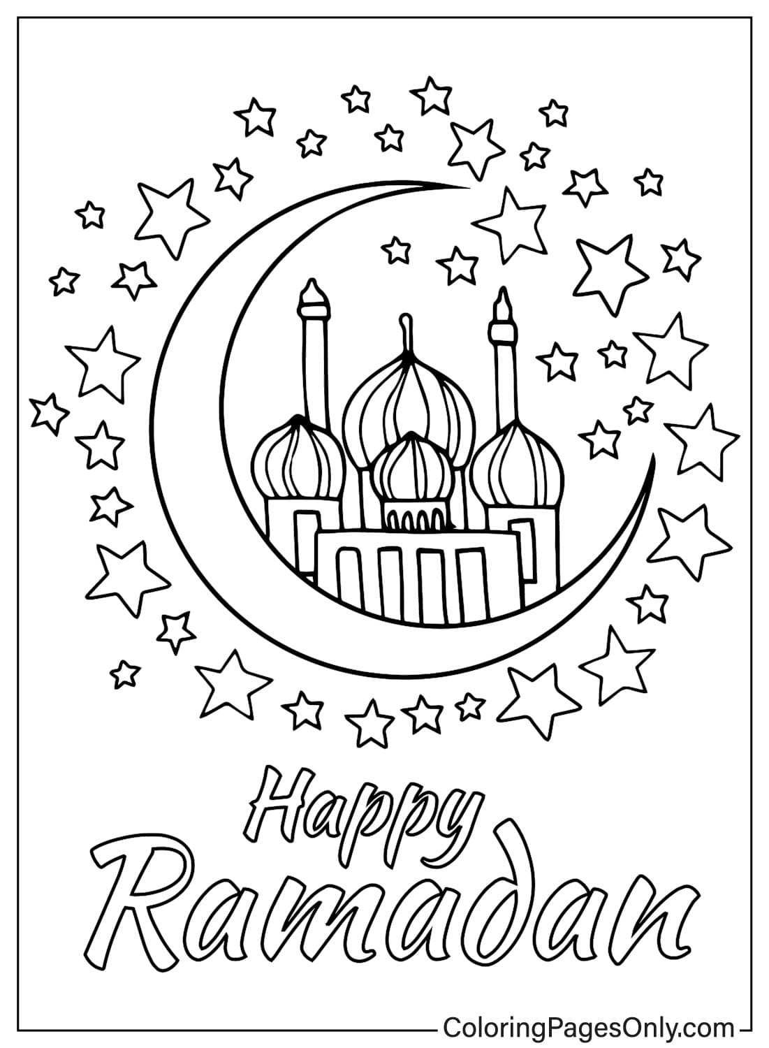 Página para colorir de lua islâmica e mesquita de Ramadan Kareem do Ramadã