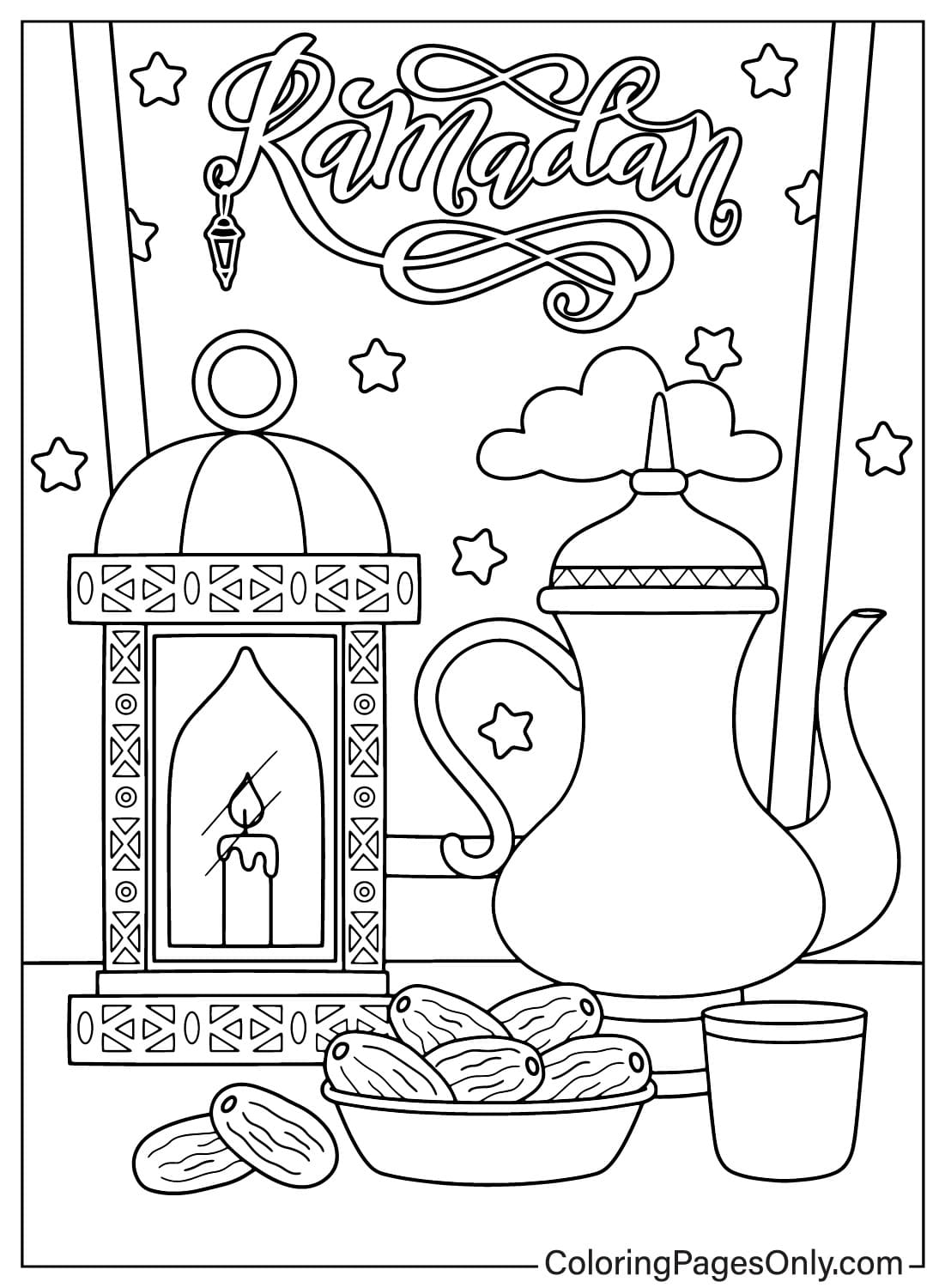 Pagina da colorare di tè e datteri con lanterna del Ramadan dal Ramadan