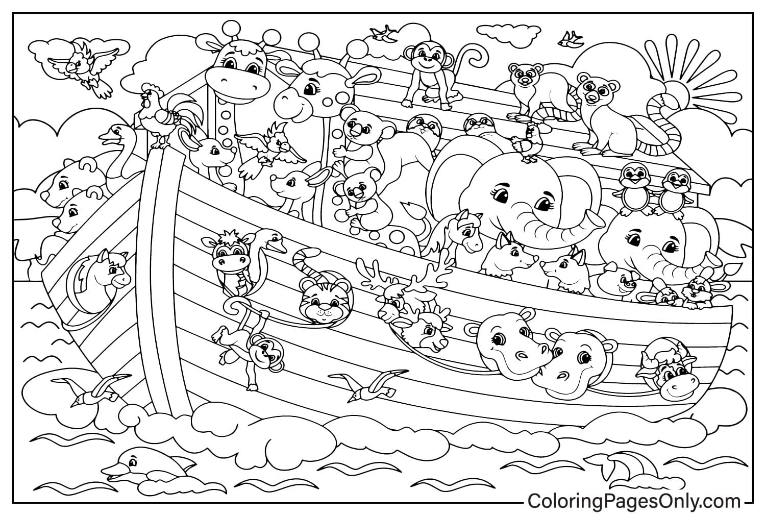 Hoja para colorear de dibujos animados simples de Noé con un arca llena de animales del Arca de Noé