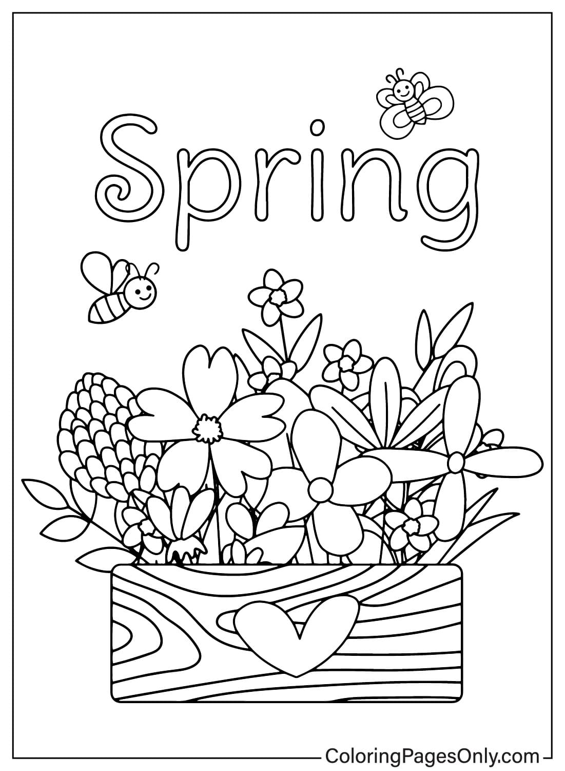 Página para colorir de cesta de flores de primavera do primeiro dia de primavera