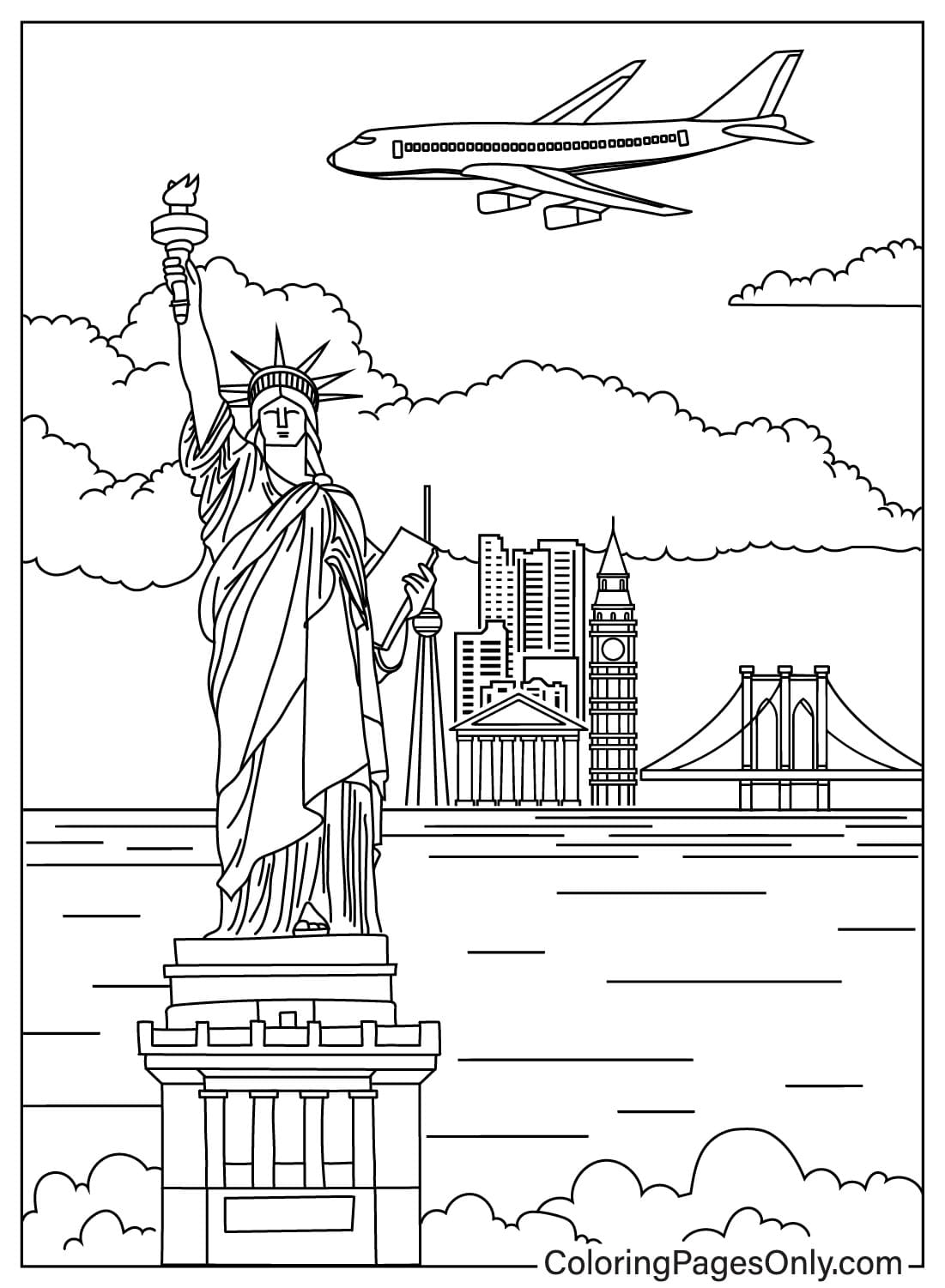 Pagina da colorare del disegno della Statua della Libertà di New York