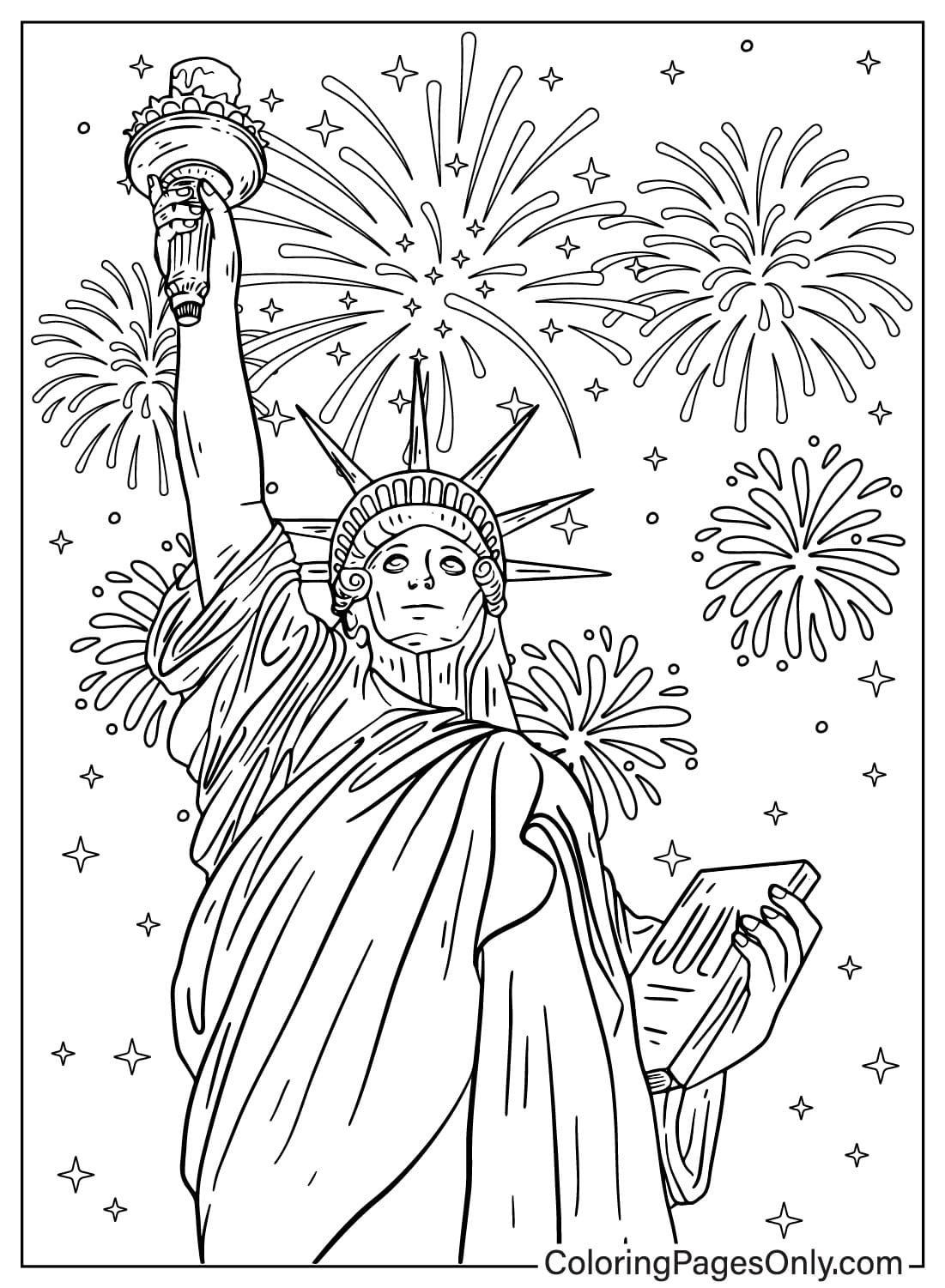 Página para colorear de la Estatua de la Libertad y los fuegos artificiales