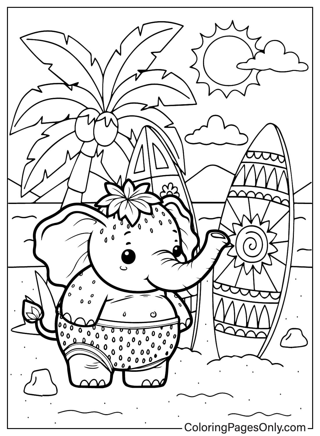 Elefante de fresa va a la playa Página para colorear de Elefante de fresa