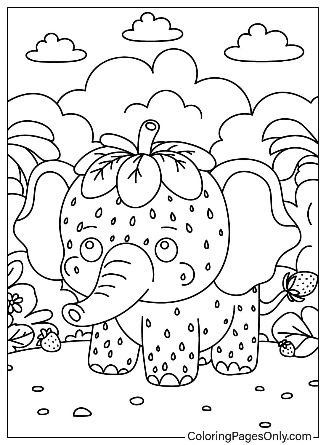 Página para colorear de Elefante de Fresa Kawaii de Elefante de Fresa