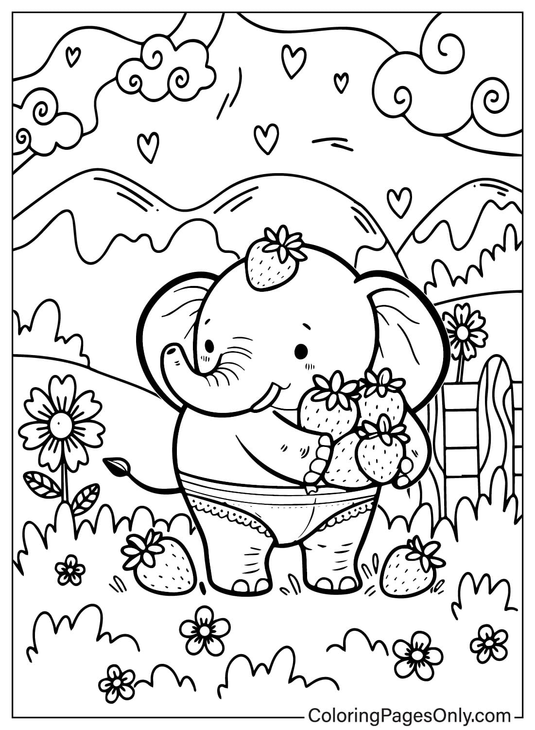 Página para colorear de Elefante de fresa en el jardín de flores de Elefante de fresa
