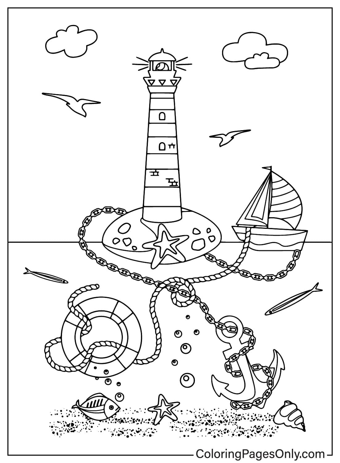 De vuurtoren en de zee kleurplaat van Lighthouse