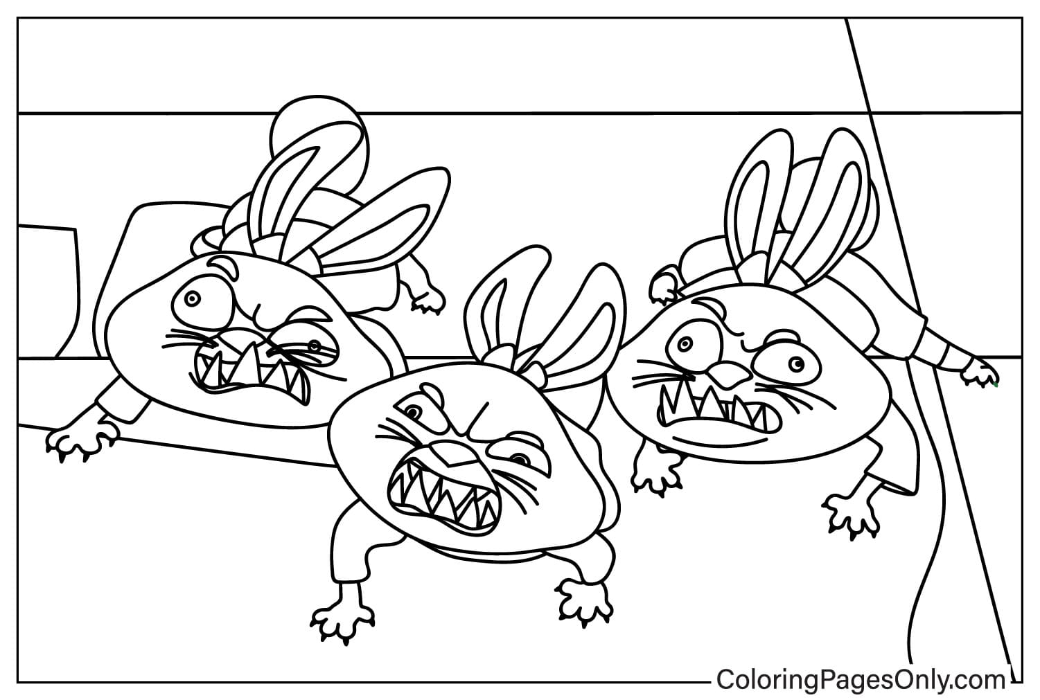 Página para colorir do Trio de Coelhinhos Rampaging do Kung Fu Panda