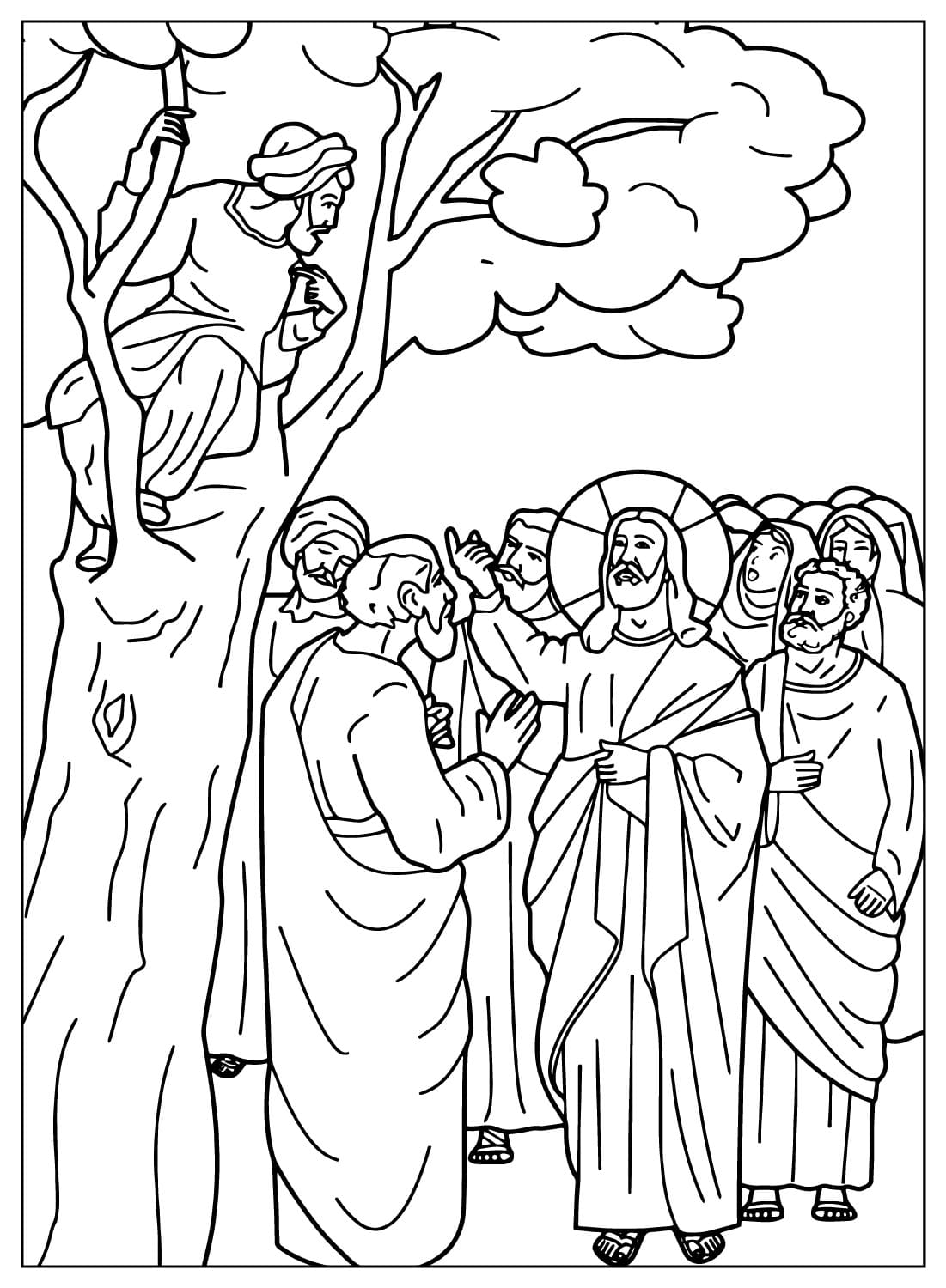 Закхей сидит на дереве, пока Иисус разговаривает с ним от Иисуса