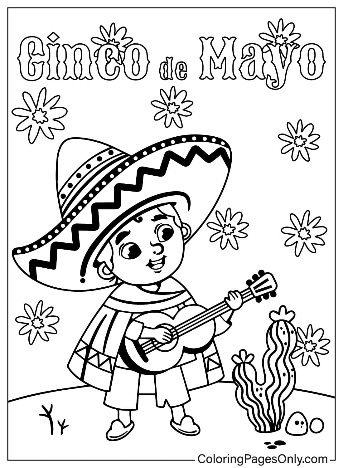 Un dibujo animado de un niño mexicano tocando una guitarra del Cinco de Mayo