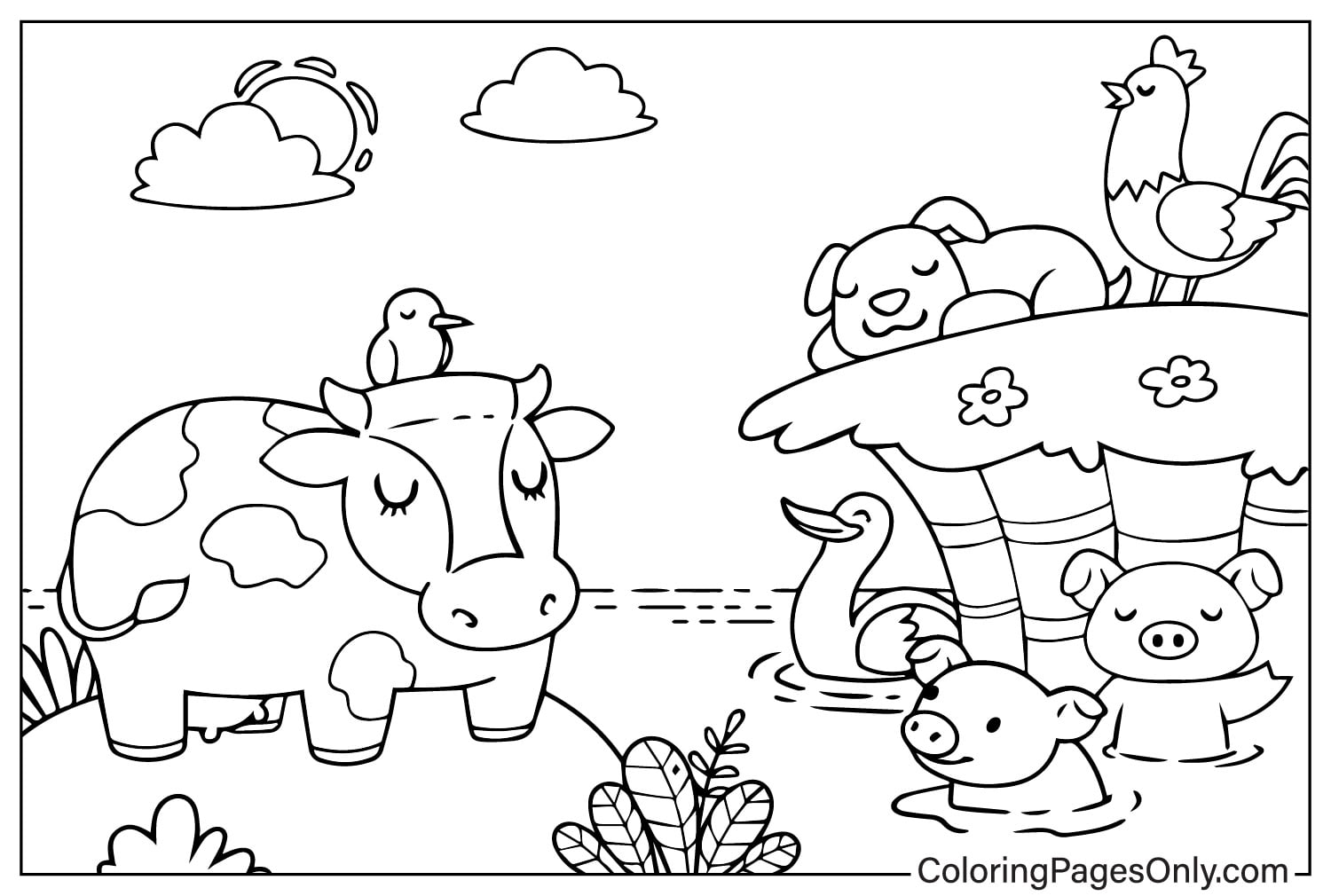 动物农场，有牛、鸡、狗、猪肉、猪和农场动物的鸭子