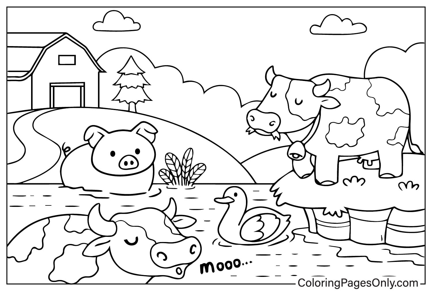 Animal Farm with Cows Pork Pig and Duck - Free Printable Coloring Pages