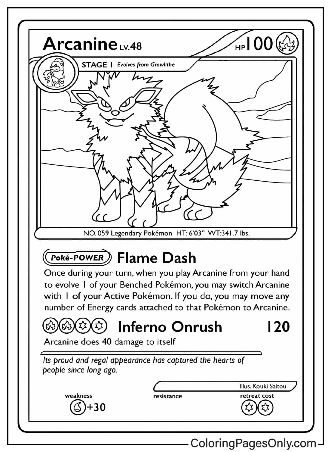 Pagina da colorare di carte Pokemon Arcanine da Pokemon Card