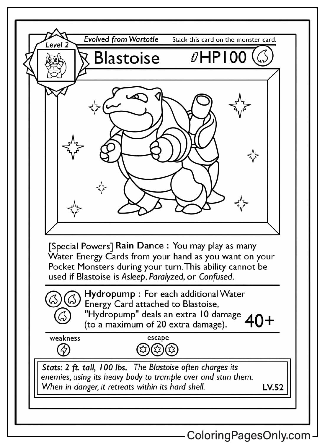 Foglio da colorare per carte Pokemon Blastoise da Pokemon Card