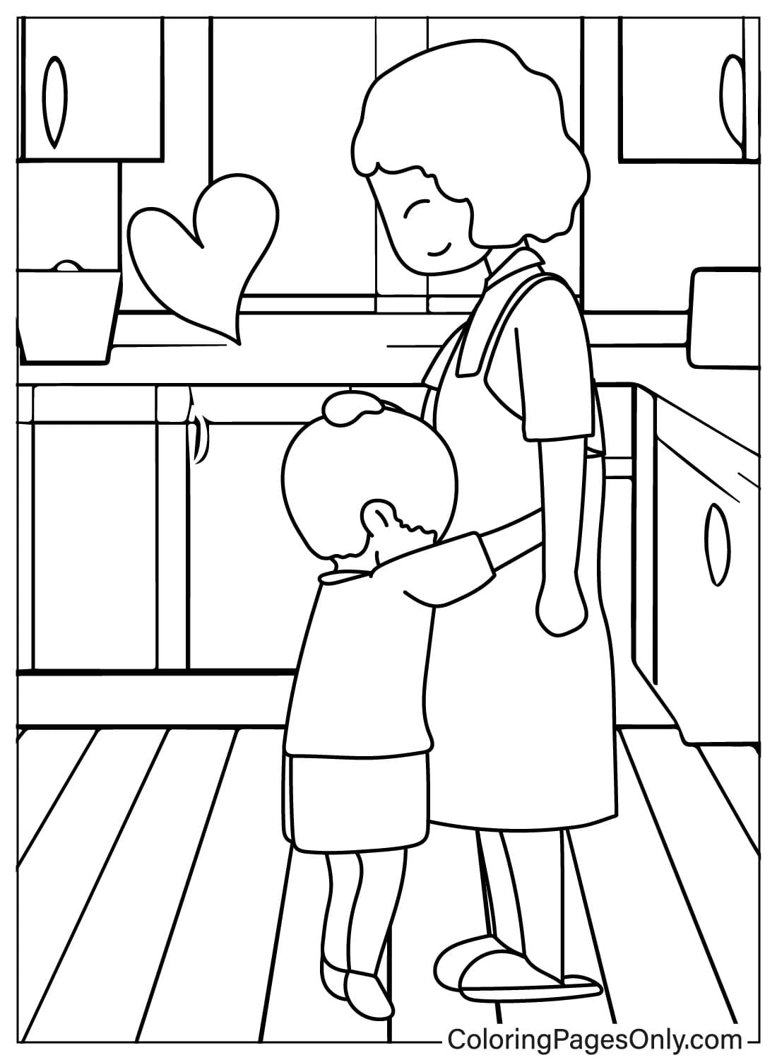 Jongen knuffelt moeder in de keuken vanaf Moederdag