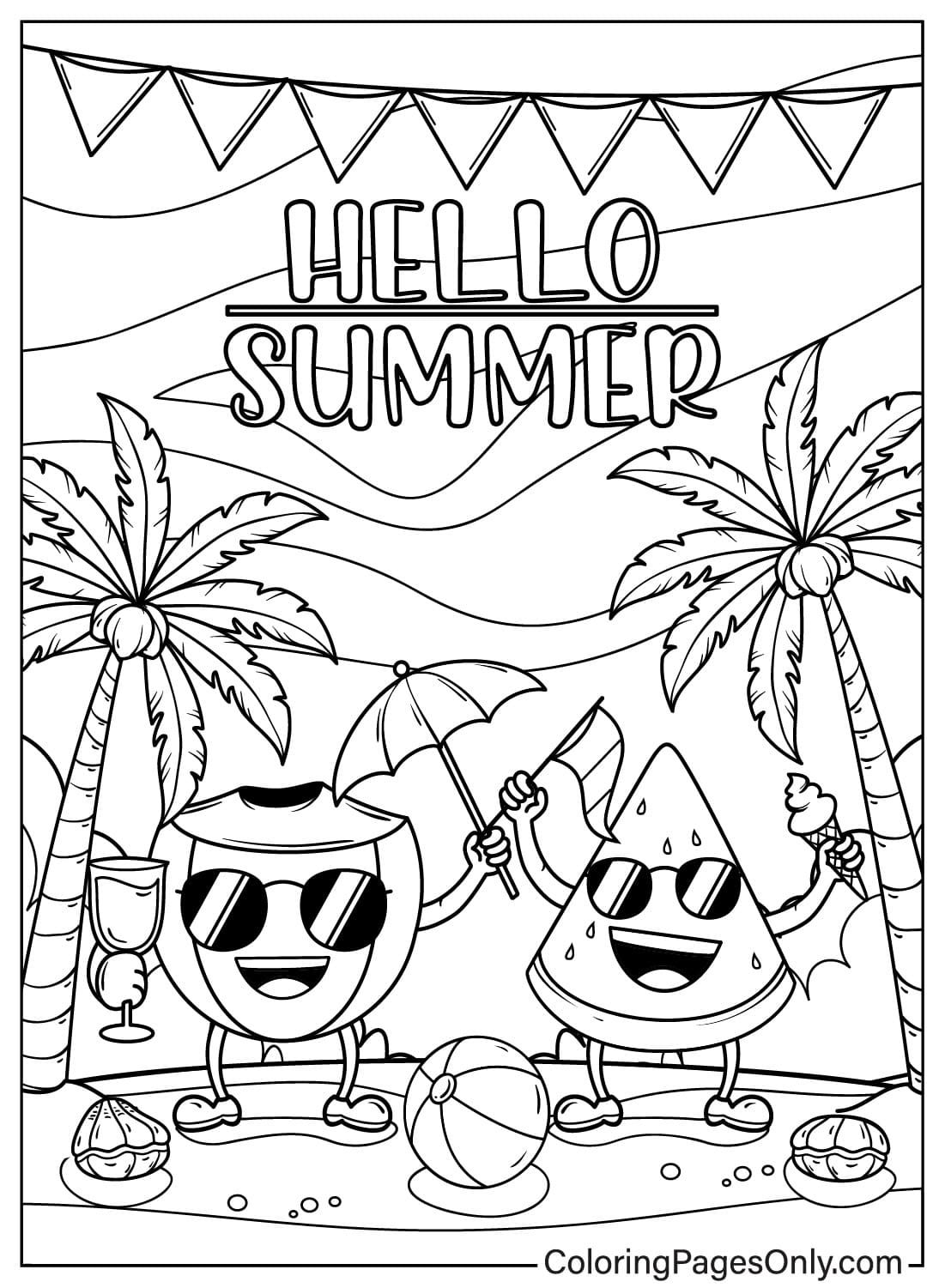 Cartoon kokosnoot en watermeloen op het strand van de zomer