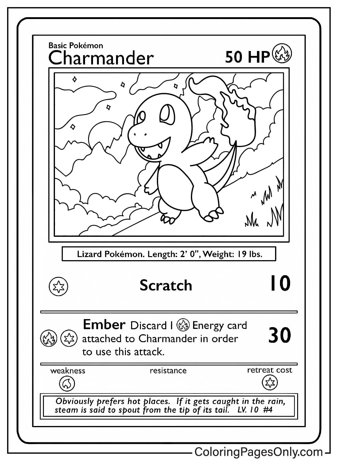 Foglio da colorare della carta Charmander dalla carta Pokemon
