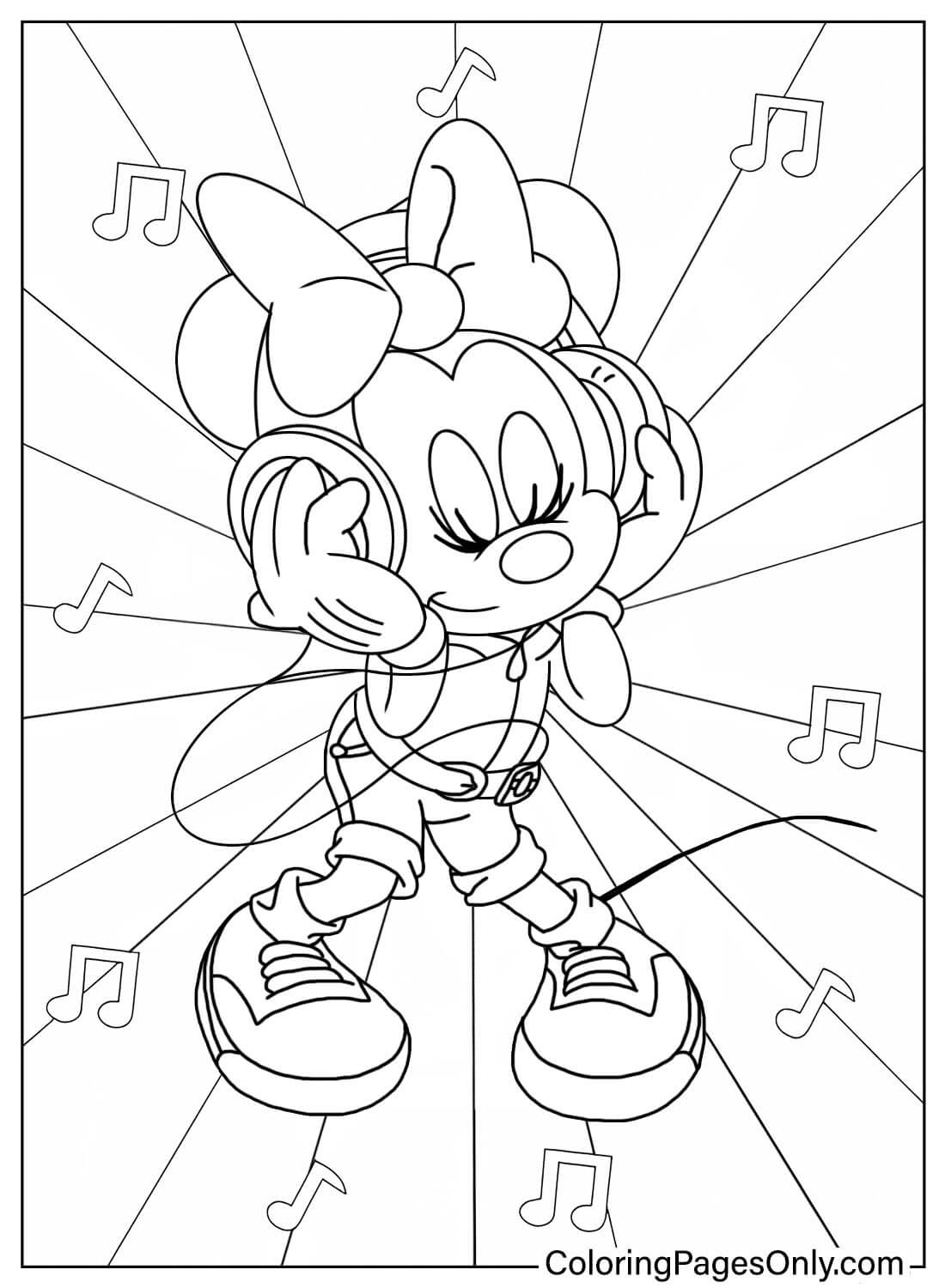 Kleurplaat Minnie luistert naar muziek van Minnie Mouse