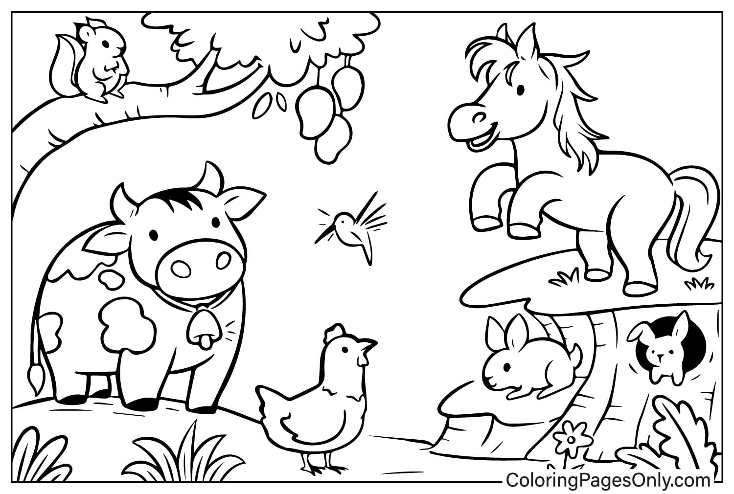 Cow and Horse Doodle Farm Animals Coloring Page