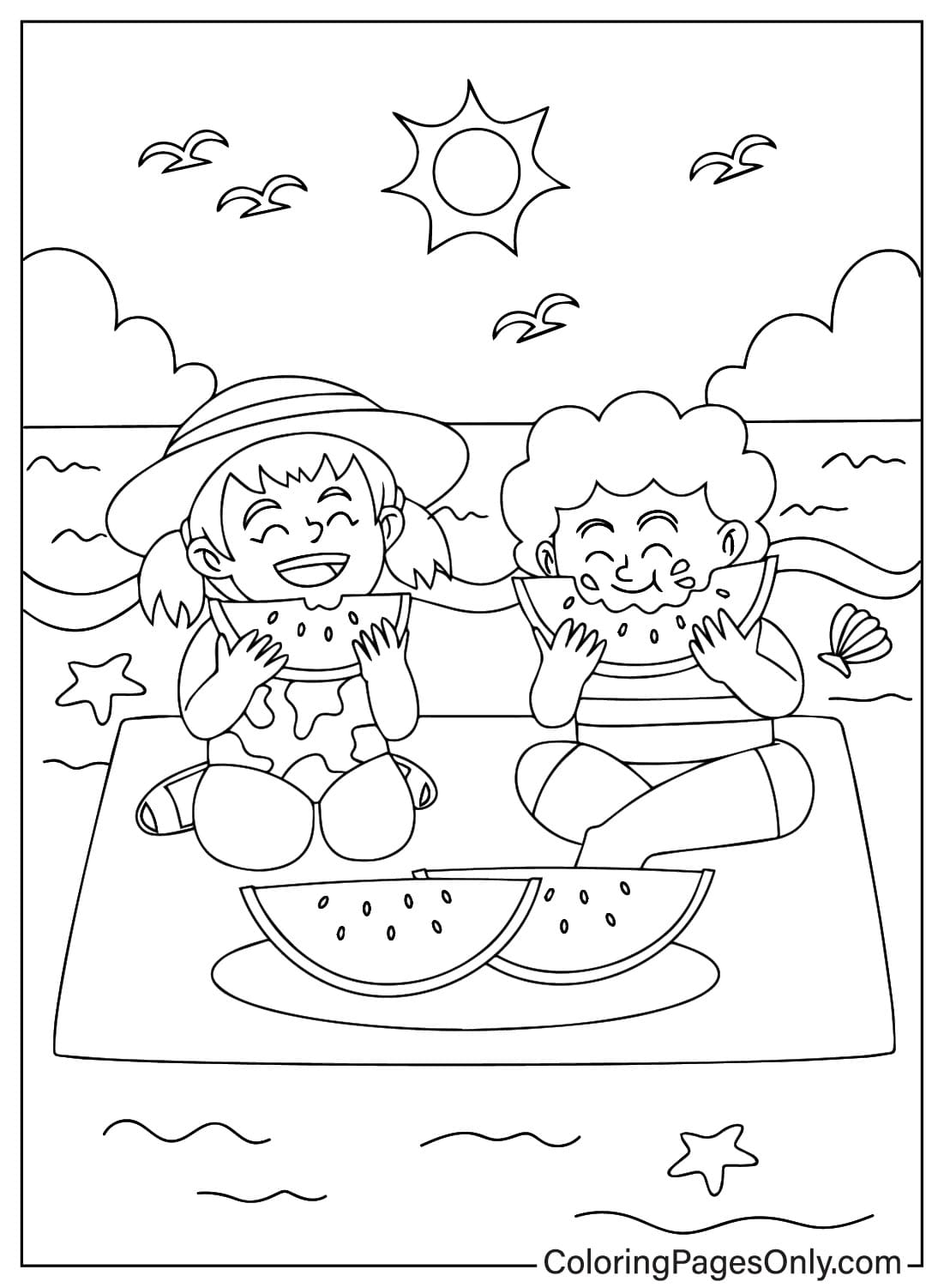 فتاة وصبي يأكلان البطيخ من الصيف