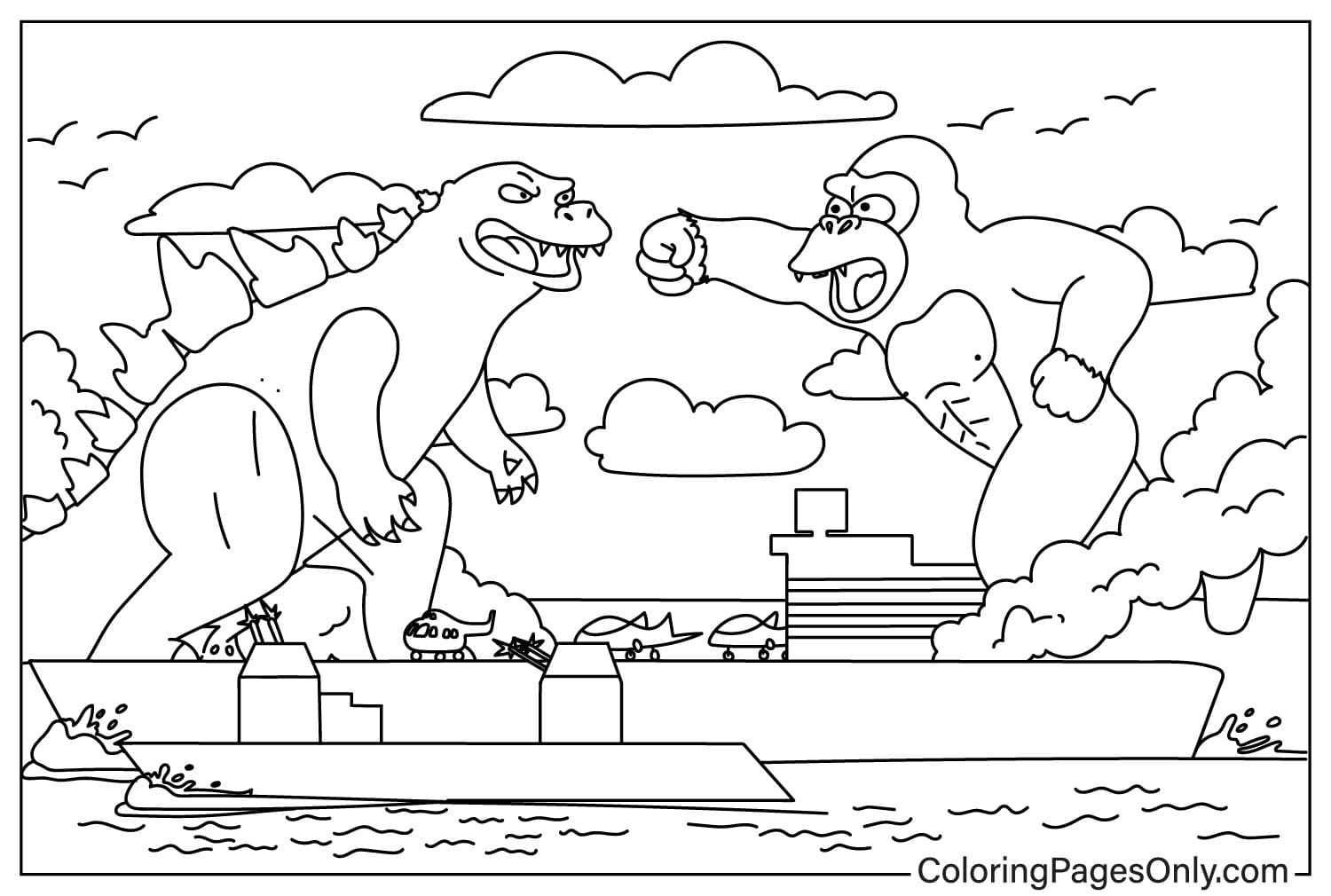 Godzilla x Kong Fight Coloring Page from Godzilla x Kong: The New Empire