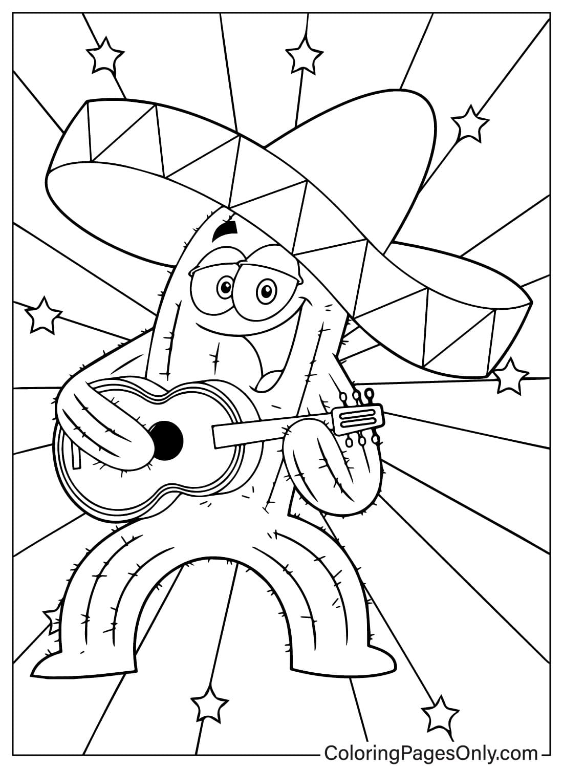 Fröhliche mexikanische Kaktus-Cartoon-Figur, die von Cinco De Mayo singt und Gitarre spielt