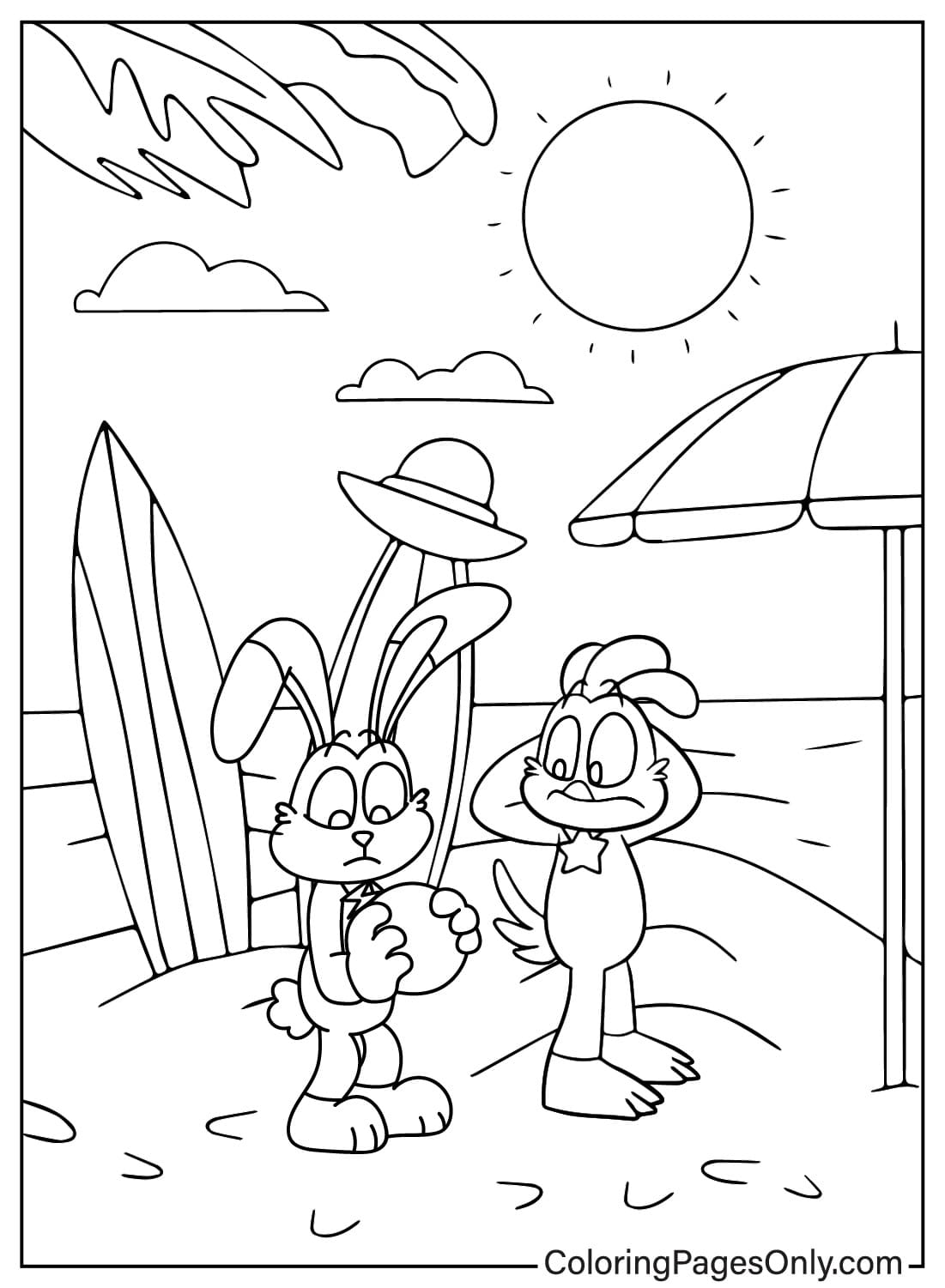Página para colorir Hoppy Hopscotch e KickinChicken na praia de Smiling Critters