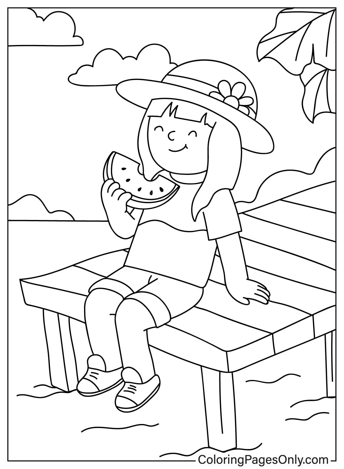 فتاة صغيرة تجلس وتأكل البطيخ من الصيف