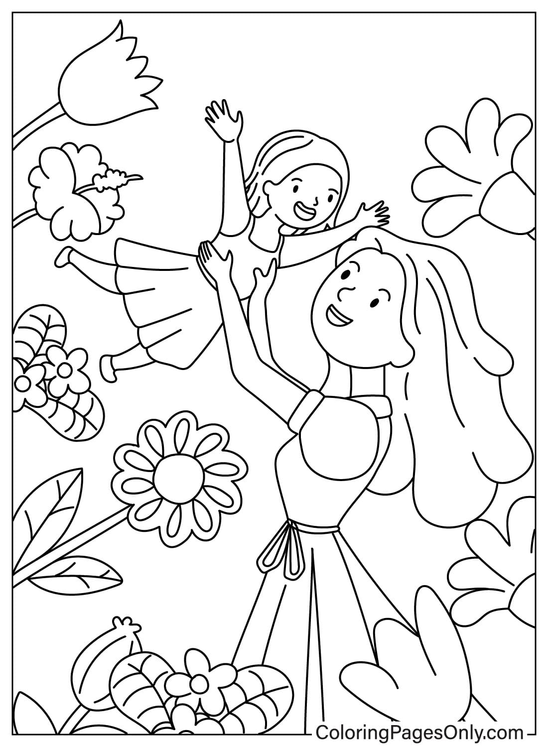 Мать держит свою дочь с цветами вокруг нее с Дня матери
