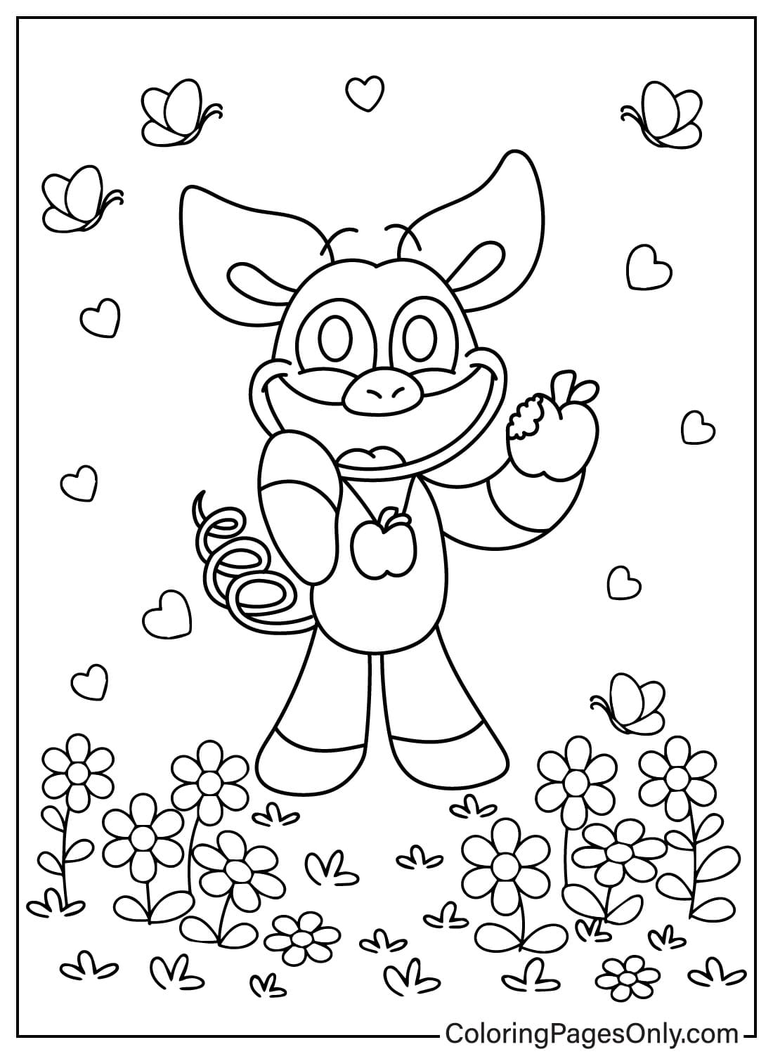 Página para colorir de PickyPiggy Comendo maçãs no jardim de flores de PickyPiggy