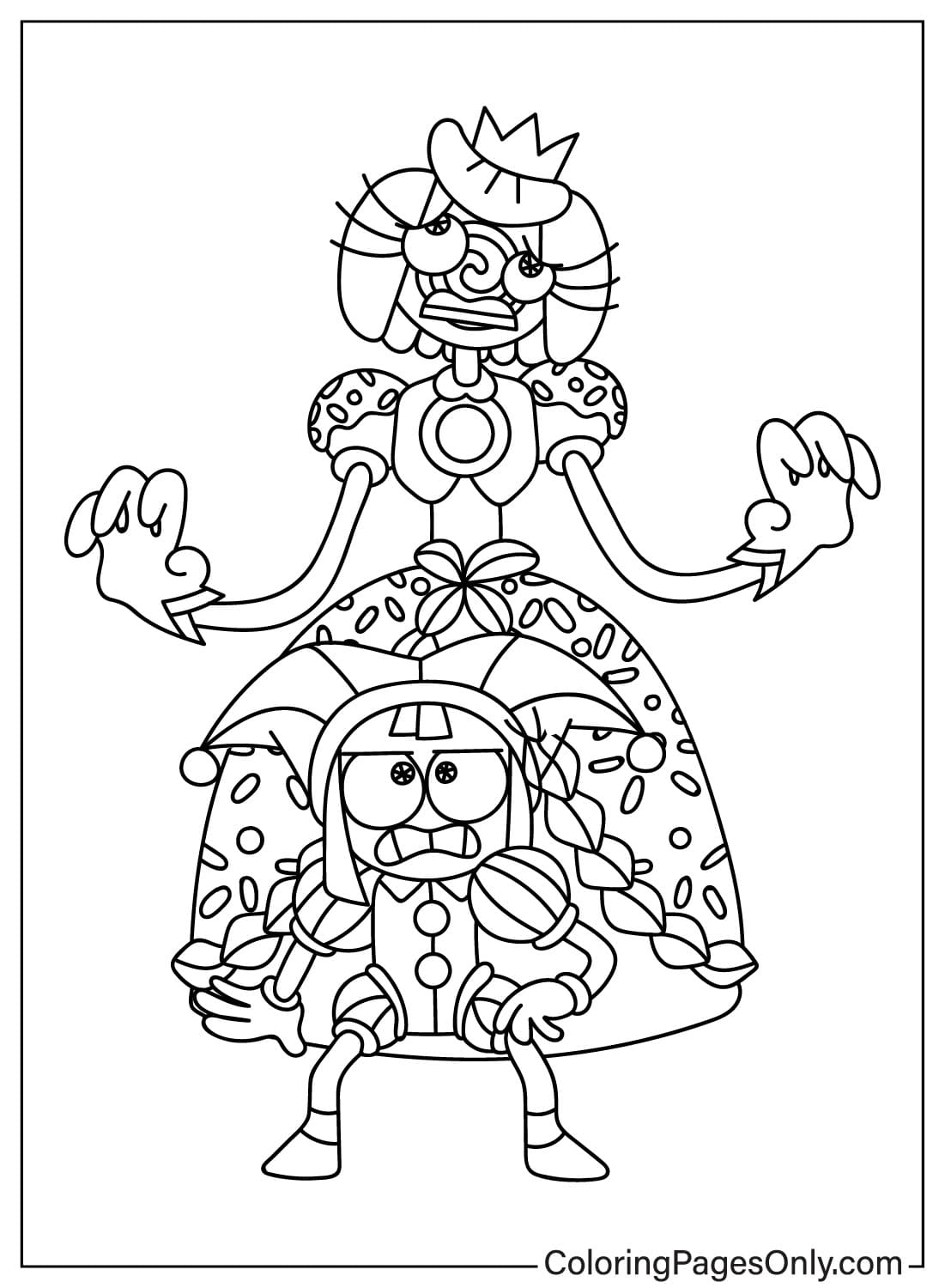 Página para colorear asustada de la princesa Loolilalu y Pomni de Pomni