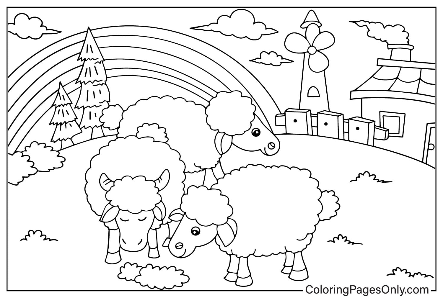 Sheep Grazing on The Farm - Free Printable Coloring Pages