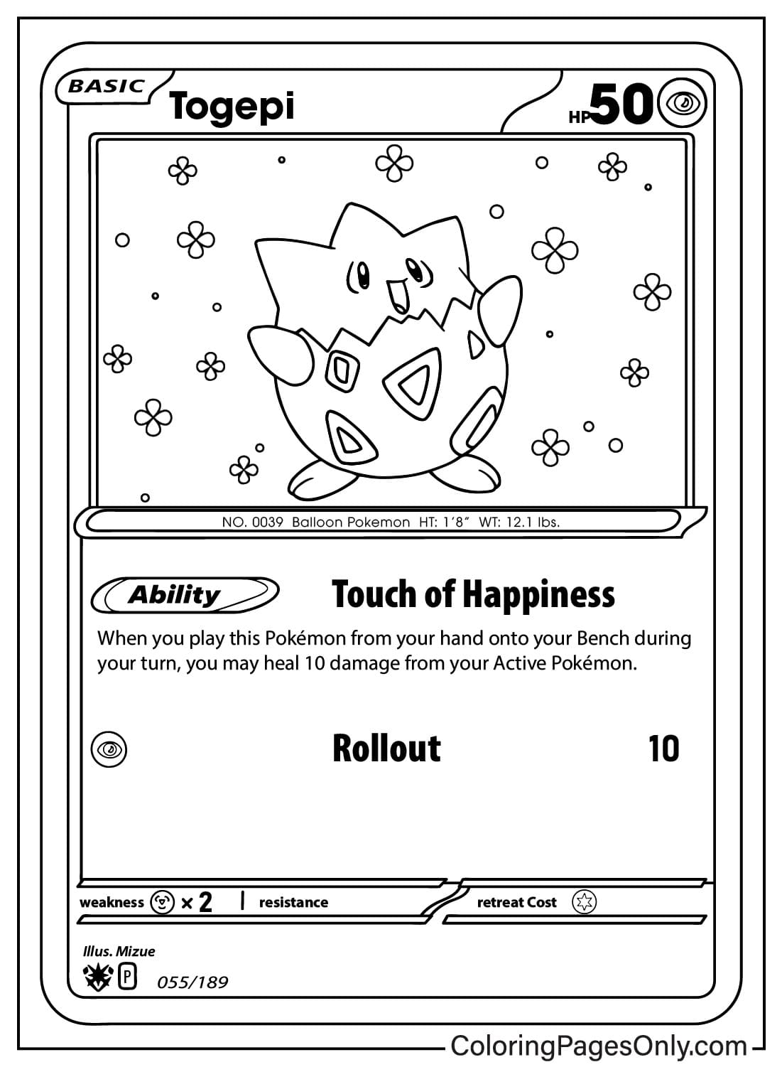 Pagina da colorare di carte Togepi da Pokemon Card