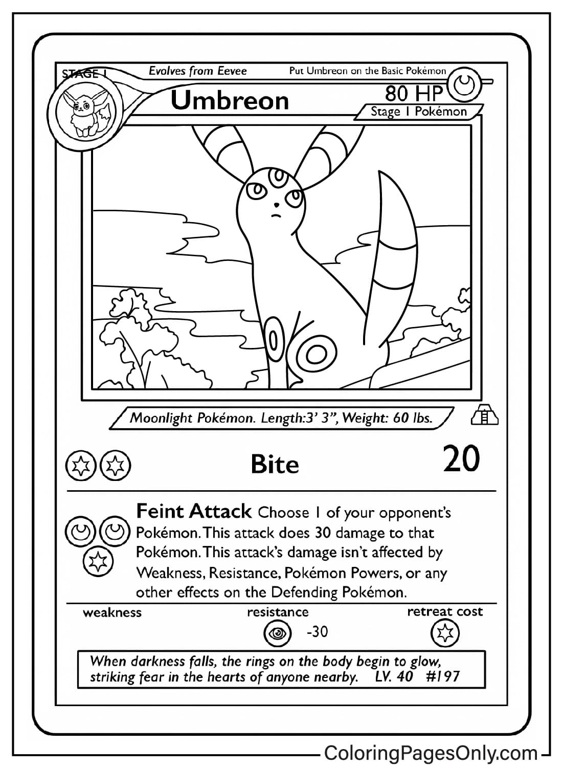 Раскраска для карточек с покемонами Умбреон из Pokemon Card