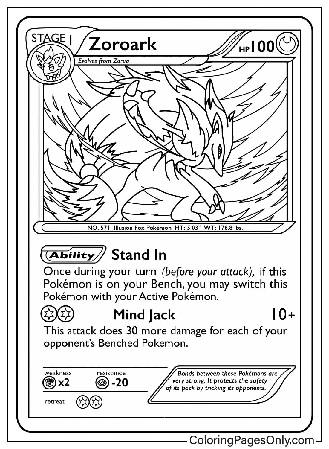 Pagina da colorare di carte Zoroark da Pokemon Card